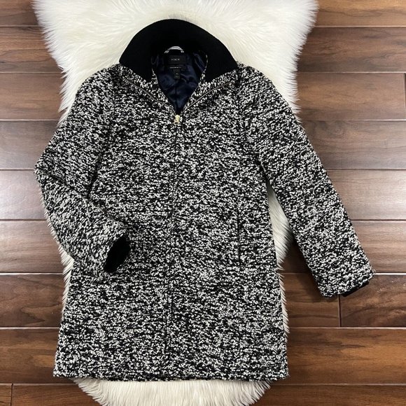 J. Crew‎ Size 00 Black White Speckled Boucle Lodge Coat H2632 - Picture 1 of 13